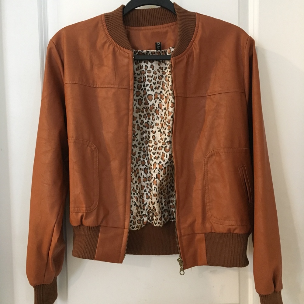 Zippered faux brown leather jacket, Size S